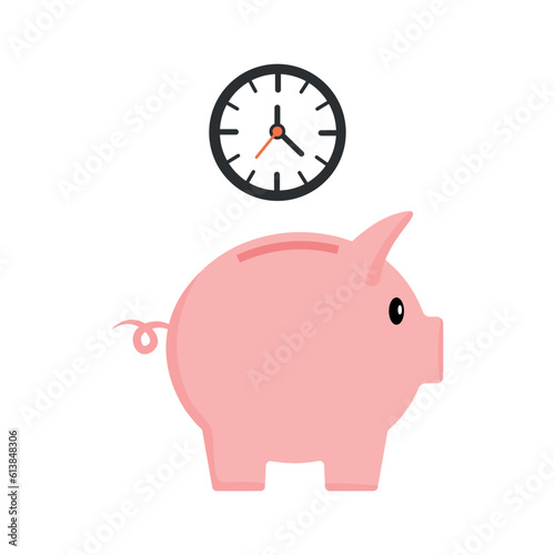 Time saving concept. Clock and piggy bank vector illustration in flat style isolated on white background