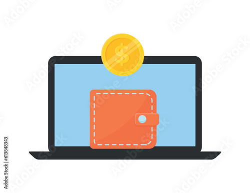 Golden dollar and wallet on laptop screen. Gold coin and orange wallet are located on laptop screen flat vector illustration isolated on white background