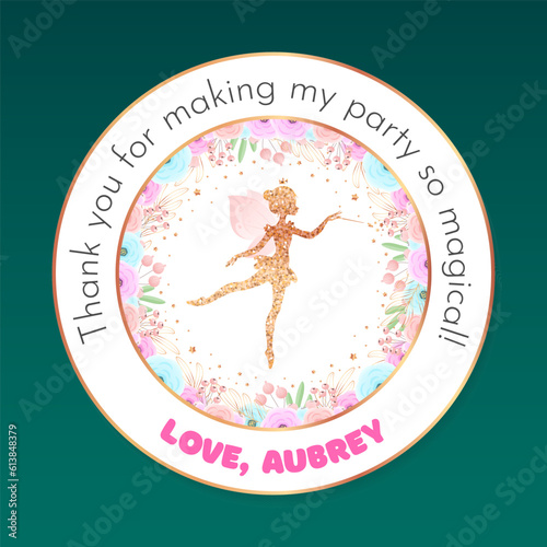 Birthday favor sticker. Circle party favor card background with gold sparkling fairy silhouette and flowers. Vector 10 EPS.