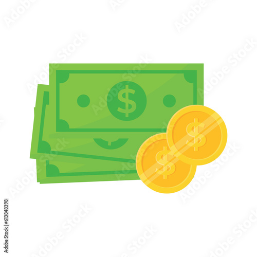 Dollar bills and gold coins. Green paper money and golden dollars flat vector illustration isolated on white background