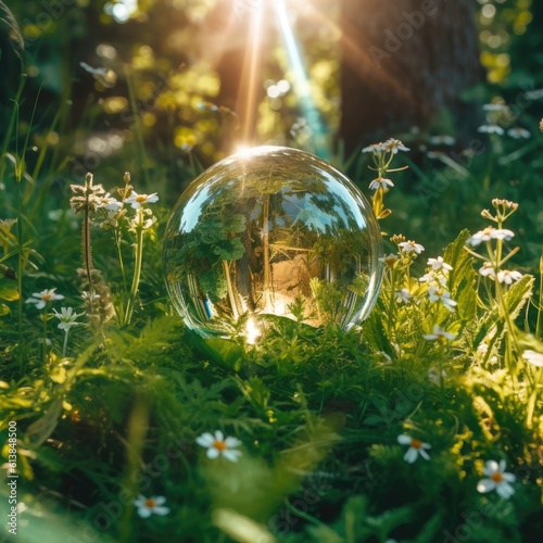 Glass sphere in the forest, grass and sun