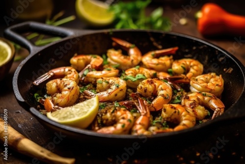 grilled shrimps with lemon and basil , ai generative