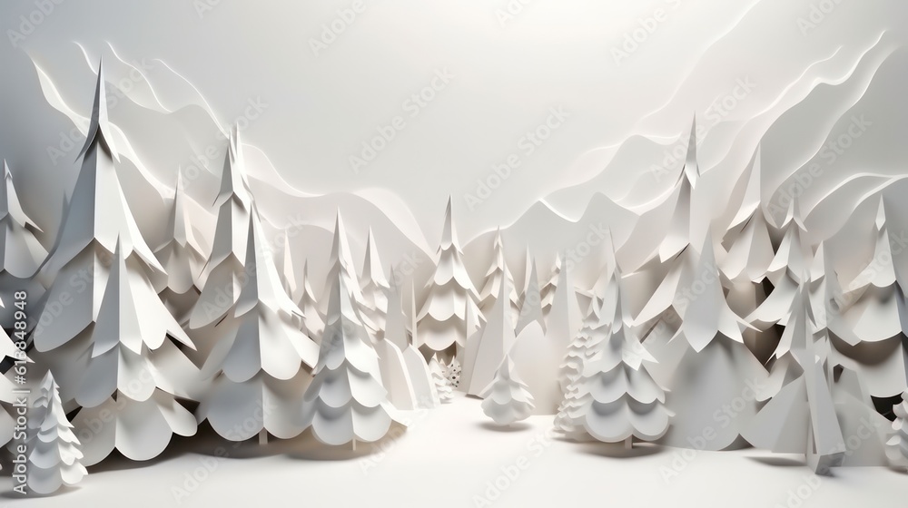 christmas trees and pine trees made of paper, paper arts and crafts, in a snowy and white environment. ai generative christmas trees and pine trees made of paper, paper arts and crafts, in a snowy and white environment. ai generative