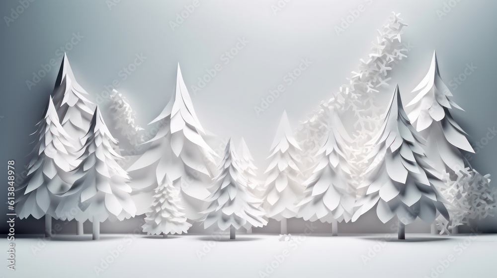 Obraz premium christmas trees and pine trees made of paper, paper arts and crafts, in a snowy and white environment. ai generative