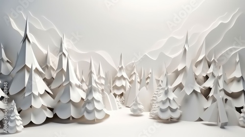 christmas trees and pine trees made of paper, paper arts and crafts, in a snowy and white environment. ai generative