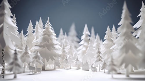 christmas trees and pine trees made of paper, paper arts and crafts, in a snowy and white environment. ai generative
