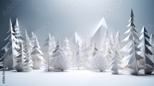christmas trees and pine trees made of paper, paper arts and crafts, in a snowy and white environment. ai generative photo