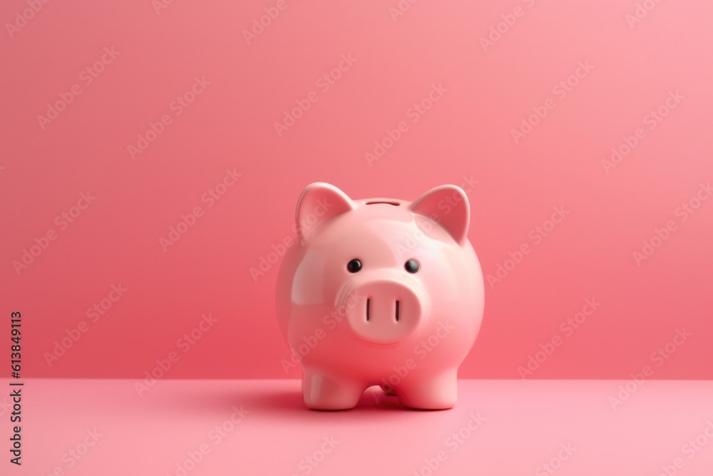 One ceramic pink piggy bank on pink background.
