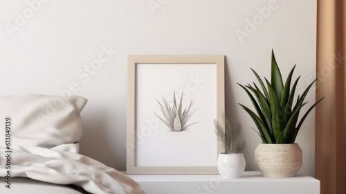 Mock up of picture canvas frame with small plants in vase in background, ai generative © nataliya_ua