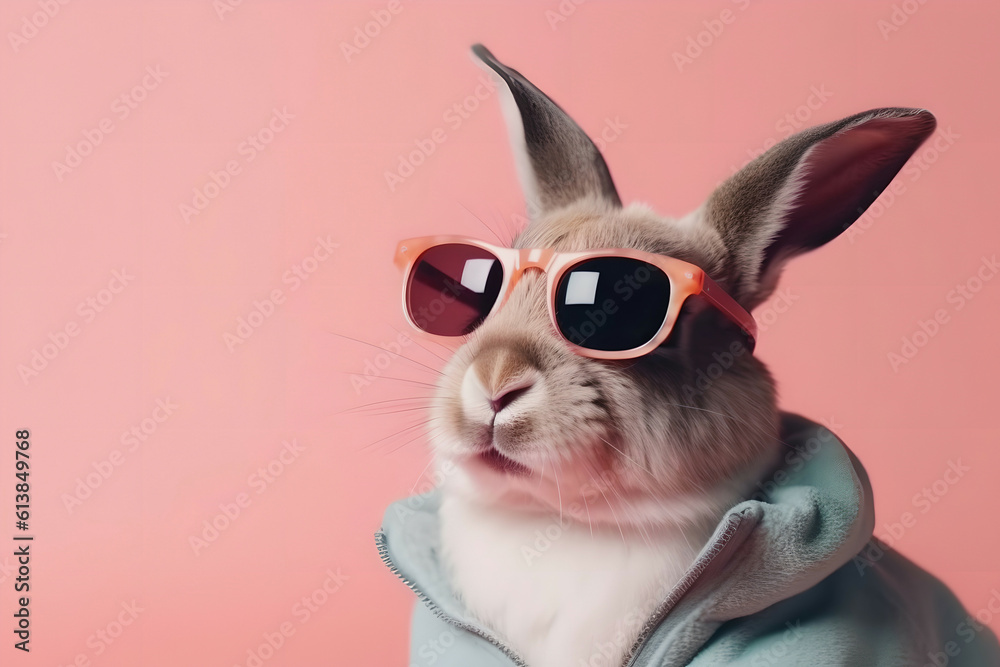 Rabbit is an animal in hoodie clothes and sunglasses on a pink pastel background. Generated AI.