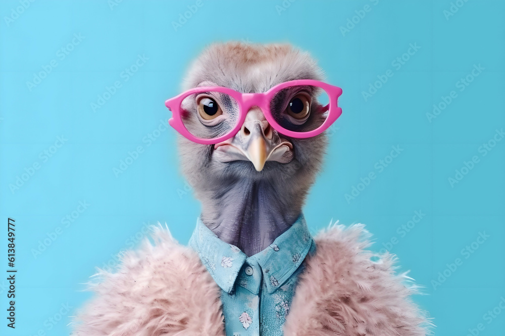 Funny funny ostrich in shirt, sweater and rose-colored glasses looking at the camera, Generated AI.