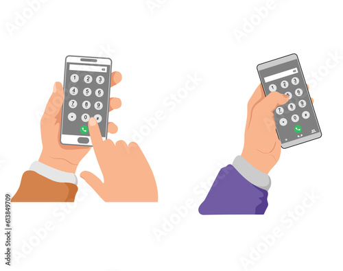 Dial number concept set. Hand holding the phone with the keypad with numbers on the screen. Keyboard template in touchscreen device. Phone call. Vector illustration element for web, print.