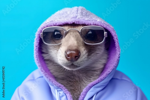 Cool anthropomorphic mongoose in a purple hoodie and glasses. The concept of fun is minimal. Generated AI. © sergign