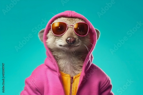 Playful funny mongoose in clothes wearing a pink hoodie and sunglasses. Generated AI.