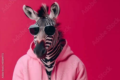 Anthropomorphic zebra wearing glasses and a pink hoodie looking at the camera. The creative concept of fashion and fun is minimal. Generated AI.
