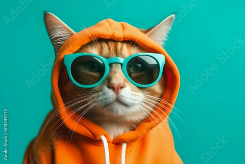 A cool cat in an orange hoodie and sunglasses looks directly at the camera. Playful portrait of a cat. Generated AI.