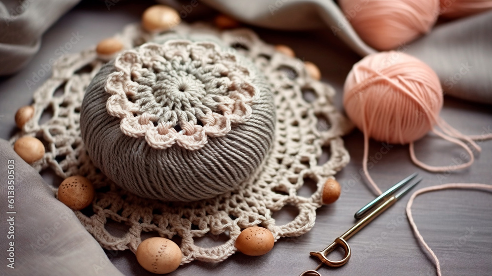 crochet, on a soft gray background, tenderness, knitting needles, vintage style.AI generated.artificial intelligence crochet, on a soft gray background, tenderness, knitting needles, vintage style.AI generated.artificial intelligence