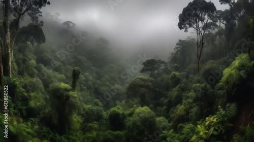 Rainforest landscape with trees and fog - theme conservation  climate change and renewable energy. Generative ai.