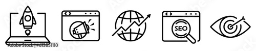 Conjunto de iconos de posicionamiento web. SEO, optimización, búsqueda, página web, tráfico, objetivo. Ilustración vectorial
