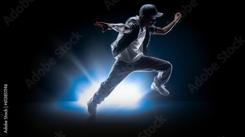 Modern style dancer jumping in the dark with lights on background. Generative AI © LAYHONG