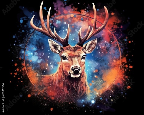 art deer in space . dreamlike background with deer . Hand Drawn Style illustration © PinkiePie