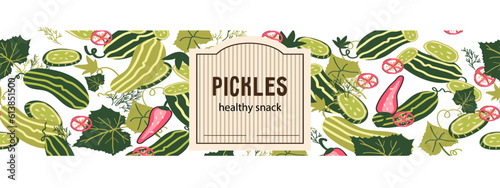 Pickled cucumber label design with seamless decorative border suitable for any size, hand drawn vector illustration. Pickles and or pickled cucumbers label.