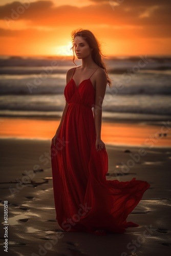 Girl in a red dress on the beach at sunset. Generative AI