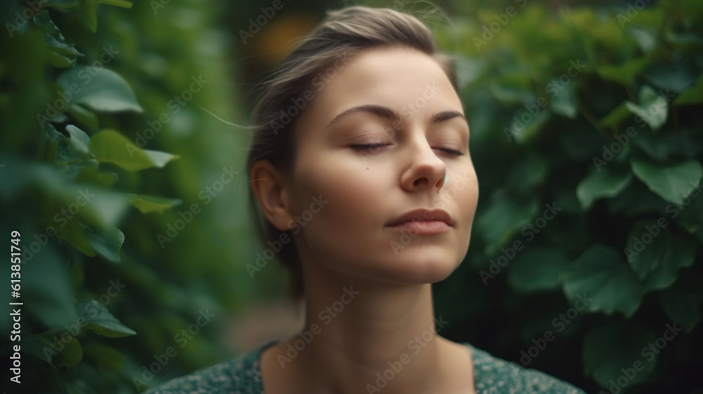 Portrait of relaxed and confident woman with eyes closed on background of green leaves wall. Thoughtful person in front of green hedge. Portrait of relaxed and confident woman with eyes closed on background of green leaves wall. Thoughtful person in front of green hedge.