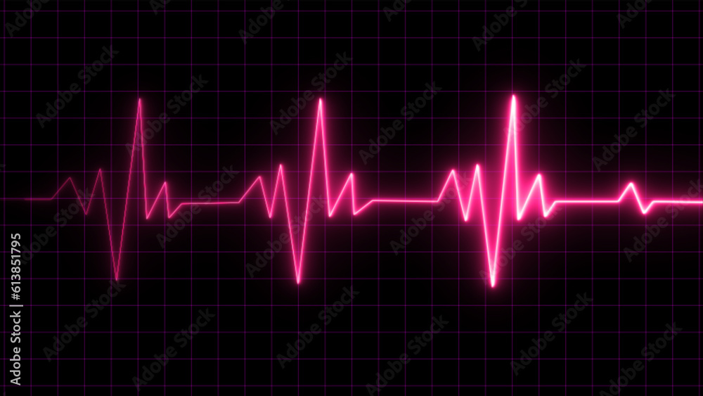 neon-pink heart and heartbeat lines. Amazing cool multicolored abstract background with a neon heartbeat display screen for medical research and a bright wave signal
