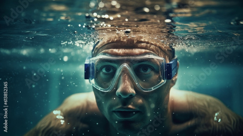 Professional man swimmer inside swimming pool. Underwater panora.  © Aiakos