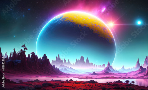 Landscape of an alien planet  view of another planet surface  science fiction background. Generative Ai.