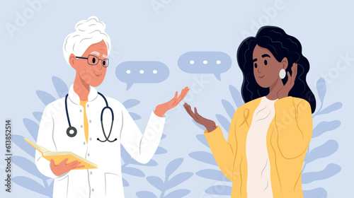 Elderly family doctor is talking to an patient. Yellow awareness ribbon. Awareness of the about Adenosarcoma, bladder cancer, bone cancer, endometriosis, sarcoma. July is Cancer Awareness Month.