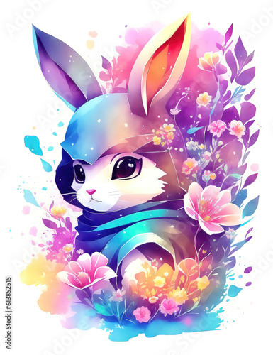 Cute ninja bunny with fantasy flowers around suitable for sticker, clip art, vintage t-shirt illustration. Generative Ai.