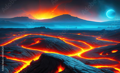 Landscape of an alien hot planet with rivers of fiery magma, beautiful view of a fictional planet, sci-fi background. Generative AI. photo