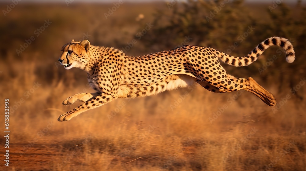  a cheetah running in a field of dry grass.  generative ai - obrazy, fototapety, plakaty 