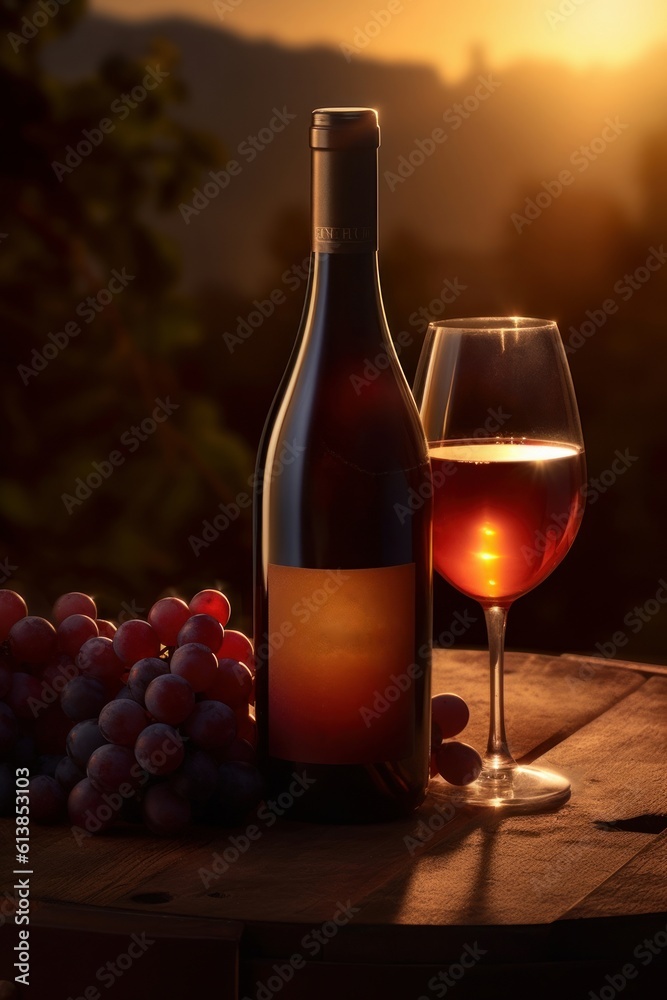 Bottle of wine on a table giving it the reflections of the sunset. Generative AI