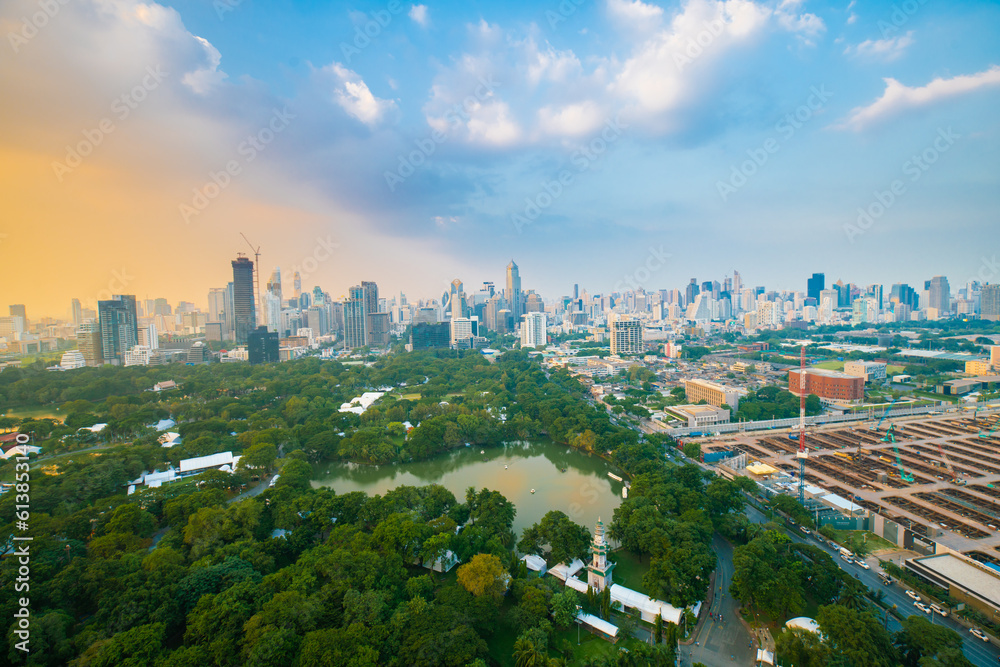 Aerial view Bangkok city Lumpini public park with office building urban background