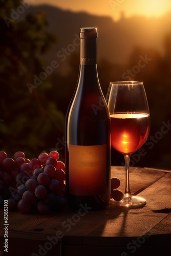 Bottle of wine on a table giving it the reflections of the sunset. Generative AI