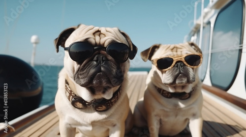 Pug bulldog Dogs wearing sunglasses are taking selfies on a yacht with the sea in the background. Generative ai.