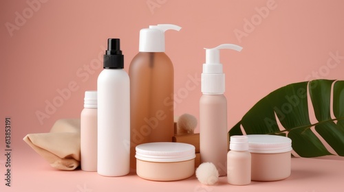 Set of natural cosmetic products on color background. Generative AI