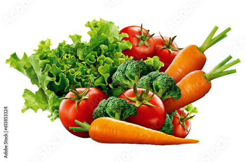 Fototapeta Naklejka Na Ścianę i Meble -  composição de legumes e verduras variadas isolado em fundo transparente - alface, rúcula, tomate, cenoura e brócolis 