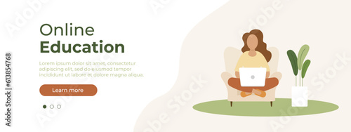 Woman with laptop sitting in home and working. Layout for website page. Concept illustration for working, freelancing, studying, education, work from home. Vector illustration EPS 10