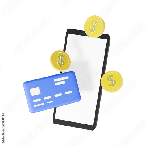 Mobile phone with credit card and coins icon. Money digital online shopping, economic financial concept. 3d rendering