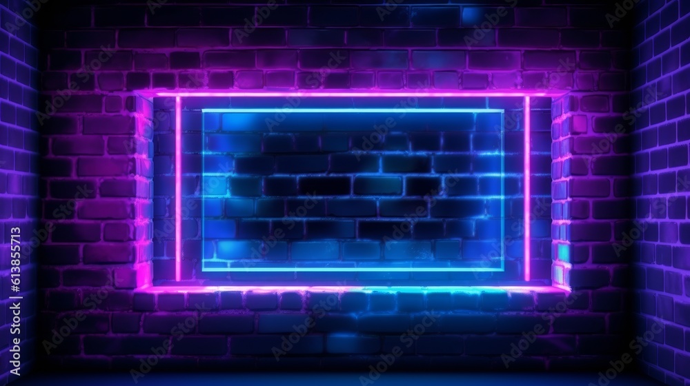 Neon light frame on brick background. Generative AI