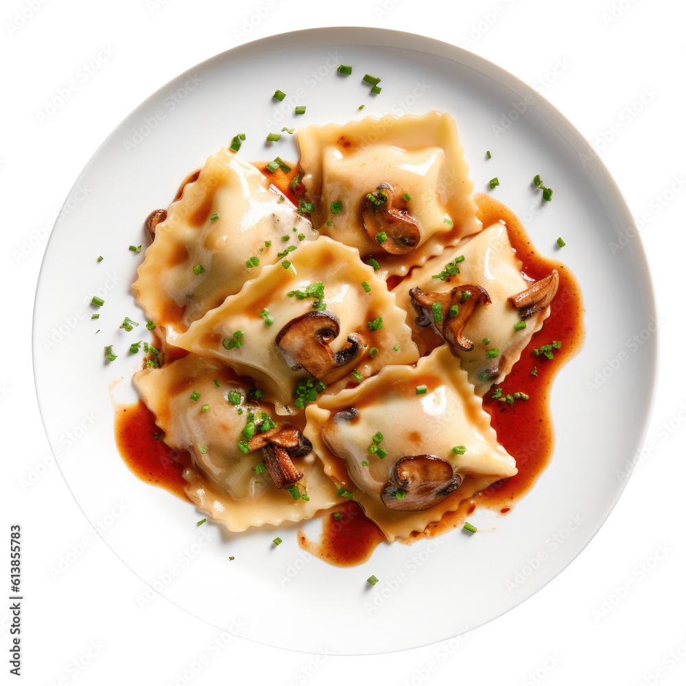 Delicious Plate of Mushroom Ravioli Isolated on a Transparent Background