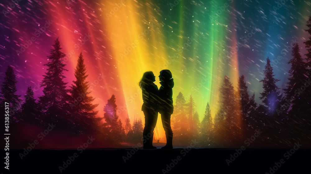 lgbt couple under northern lights.