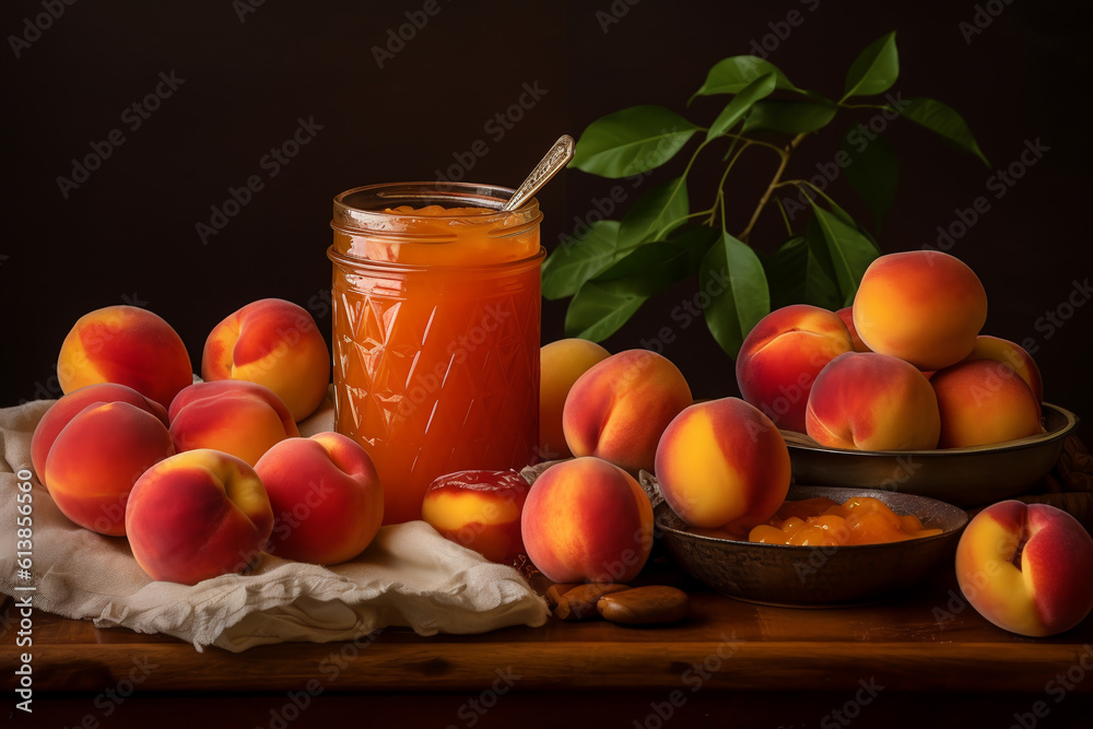 Red peach jam in small jar. Homemade autumn peach jam with fresh fruits. Fall preparations and canning on wooden table background copy space.ai generative Red peach jam in small jar. Homemade autumn peach jam with fresh fruits. Fall preparations and canning on wooden table background copy space.ai generative