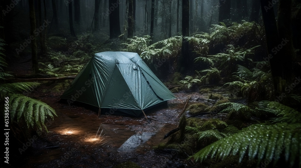 rain on the tent in the forest, tropic, quiet, calm, peaceful, meditation, camping, night, relax. Generative ai.