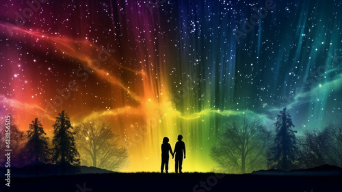 lgbt couple under northern lights. © Aliaksei