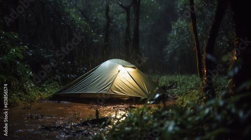 rain on the tent in the forest, tropic, quiet, calm, peaceful, meditation, camping, night, relax. Generative ai. photo